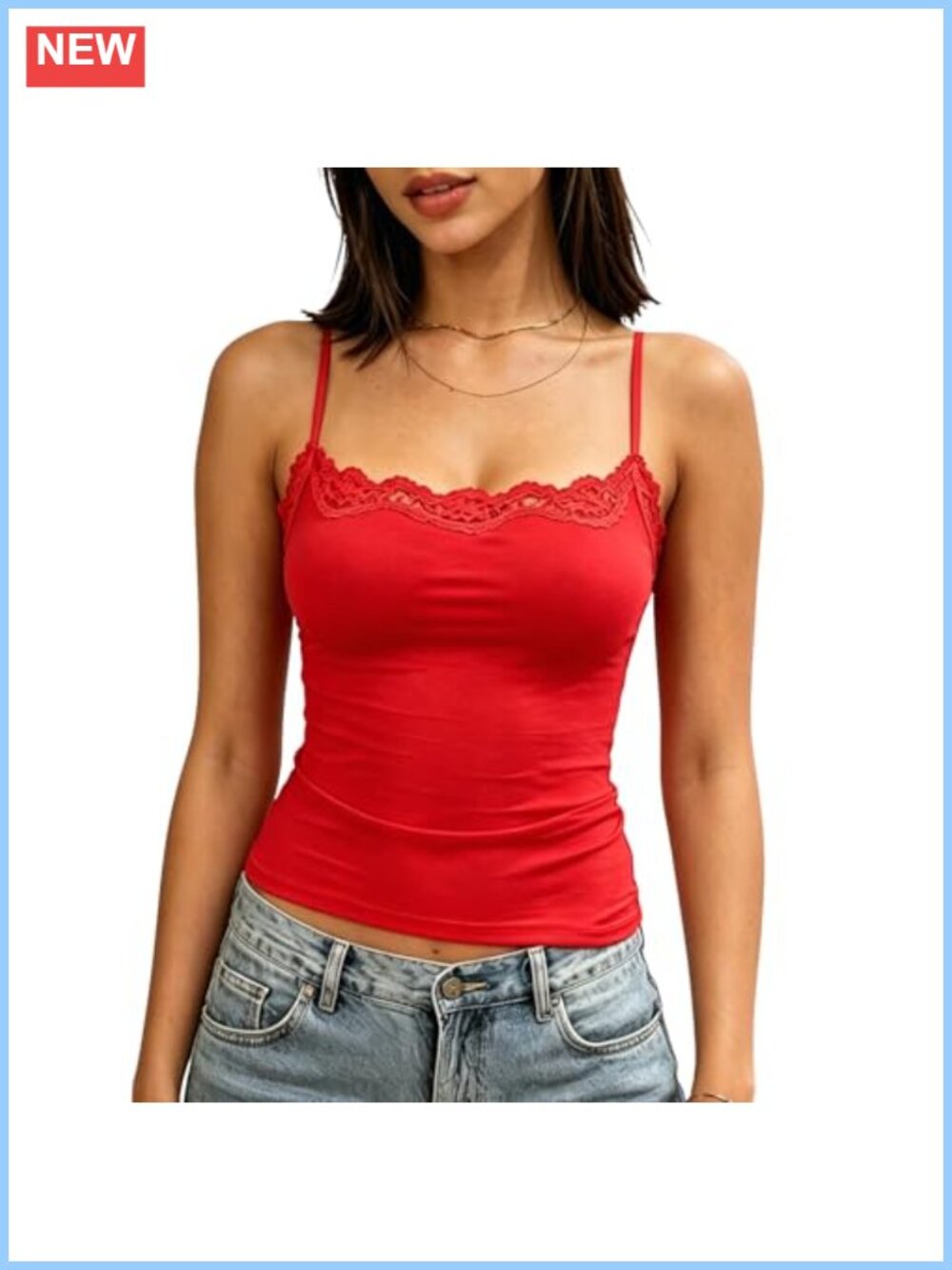 Lace Trim Square Neck Built-in Pad Slim Crop Tank Top